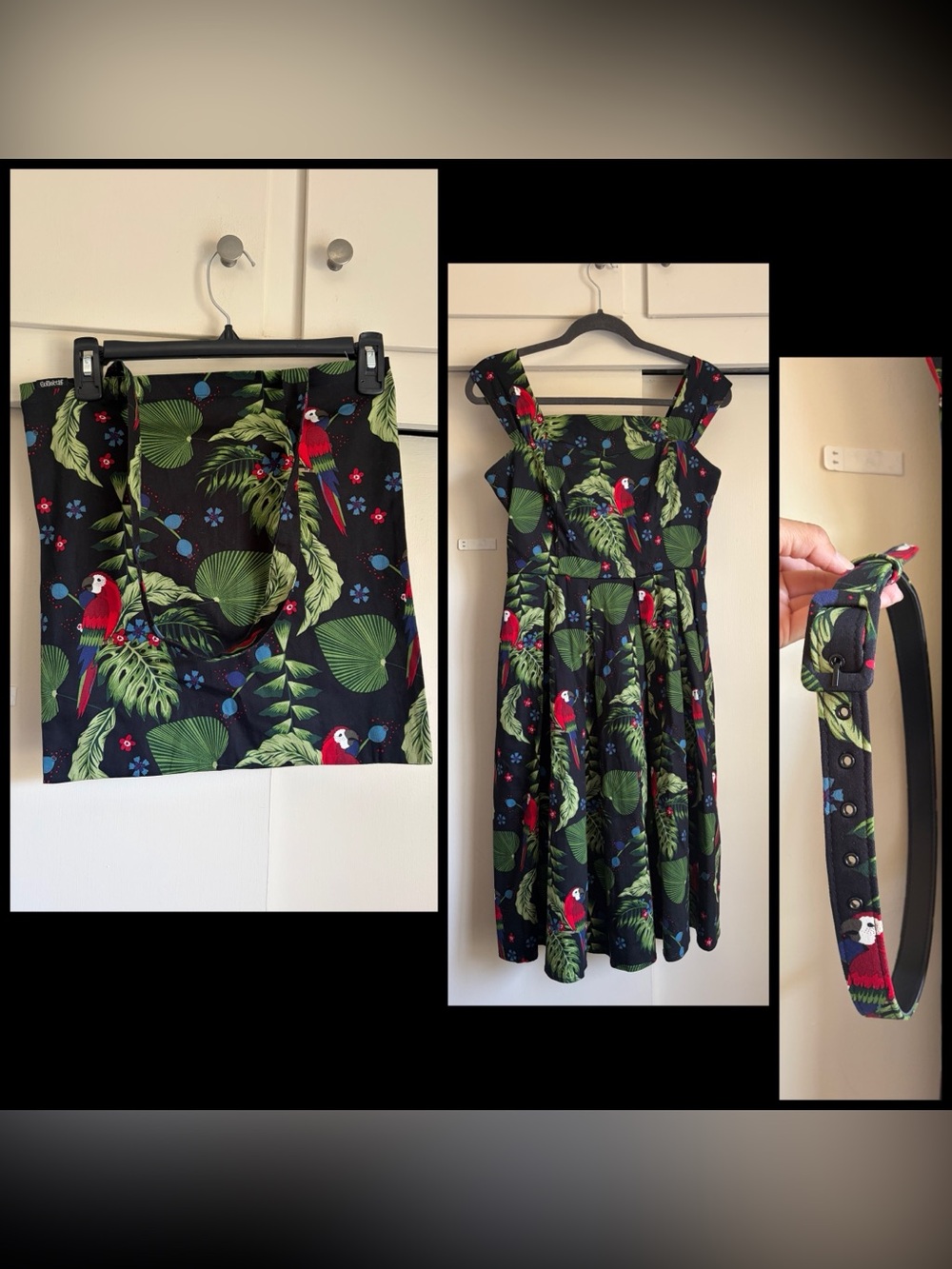 Collectif Black Dress Tropical Print Parrots UK 10 US Small Matching tote & belt